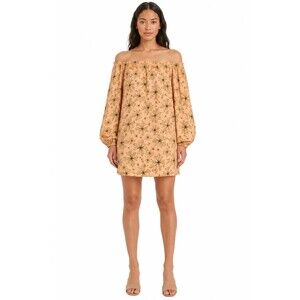 Key Leaf 100% Silk Floral Puff Sleeve Mini Dress Women's Size M Off Shoulder